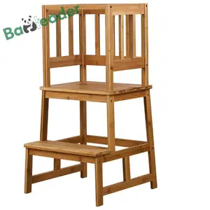 Custom High Quality Bamboo Folding Step Stool Ladder Chair Toddler Tower Durable Wood Learning Tower For Children