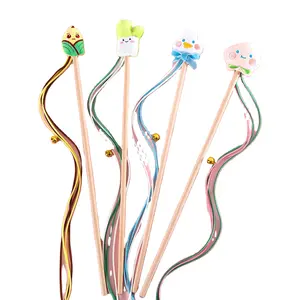 Wooden pole cartoon fringe cat stick green onion corn fruit bell interactive play bite resistant cat toy