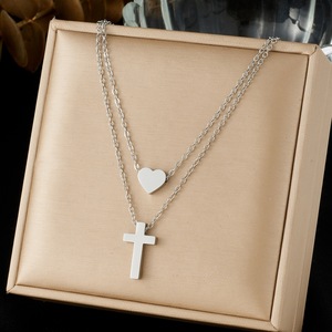 Heart <b>Cross</b> Stacked Pendant Clavicle <b>Chain</b> Gold Plated Stainless Steel Minimalist Fashion Necklace Daily Gift Jewelry - Product Image 2