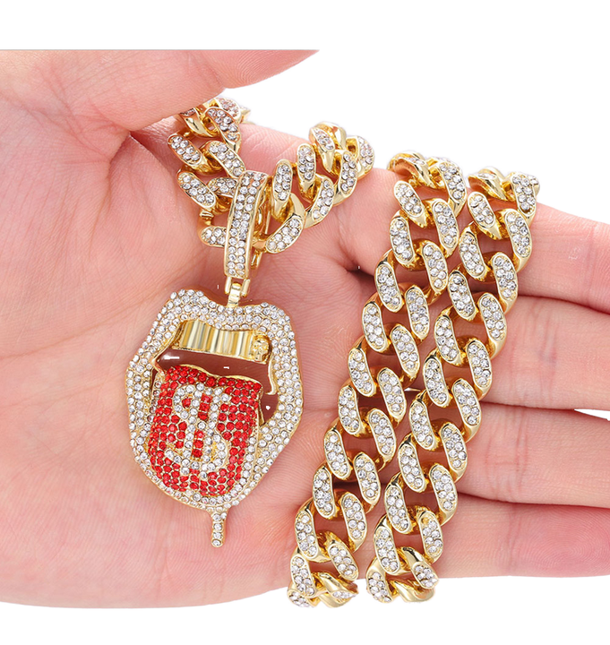 Pendant Necklace Iced Out Drip Chain Hip Hop Drip Dollar Lip