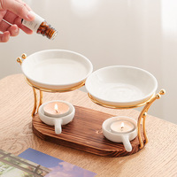 Nouveau diffuseur d'huiles essentielles créatif en céramique à deux pots avec base en bois, support pour bougie chauffe-plat, chauffe-huile d'aromathérapie
