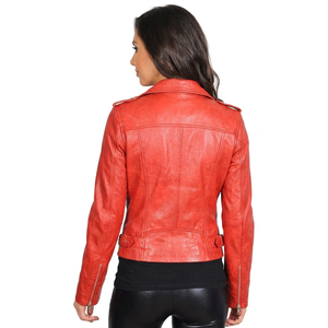 Red <b>Women</b> Genuine <b>Leather</b> <b>Moto</b> Biker <b>Jacket</b> Full Sleeve Zipper Closure Turn-down Collar Autumn Style - Product Image 2
