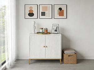 Moderner Eleganter Weißer Holz-Aufbewahrungsschrank mit 2 Geriffelten Türen für Wohnzimmer Eingang Esszimmer Schlafzimmer Villen Hotel Apartment - Product Image 3