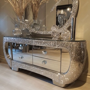 Porta TV Moderno Argento a Specchio con Cristalli, Nuovo Mobile in Vetro per <span class=keywords><strong>Soggiorno</strong></span>, Camera da Letto e Appartamento - Product Image 1