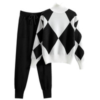 Pull-over d'hiver décontracté deux pièces en tricot pour femmes Pull-over à col roulé à motif géométrique et à coupe skinny en tricot
