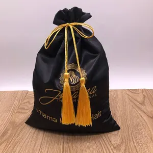 Black Satin Hair Drawstring Bag With Tassels