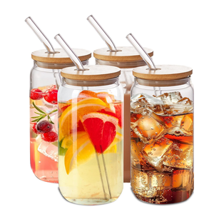 Best Seller 16oz 18oz birra può bere bicchieri può a forma di borosilicato tazza di vetro vasetto con coperchio di bambù e paglia di vetro - Product Image 6
