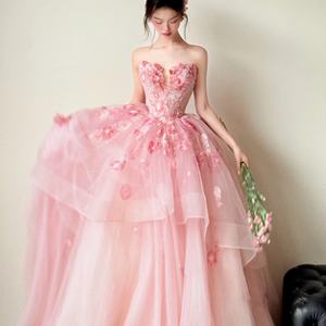 Vestido de noche de tul rosa, sin tirantes, largo hasta el suelo, vestido de fiesta con apliques florales, vestido formal para fiesta de boda - Product Image 4