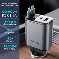 OEM ODM Kabel Ganda 80cm 129W Pengisi Daya Mobil Retractable 4 in 1 Pengisi Daya Cepat Pengisi Daya Ponsel Mobil Tampilan Tegangan Pengisi Daya Mobil PD PPS