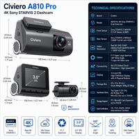Caméra embarquée Civiero A800S 4K avec vision nocturne, ADAS, contrôle par application, GPS intégré, enregistreur de conduite et surveillance de stationnement 24h/24