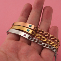 Bracelet barre personnalisé en acier inoxydable plaqué or 18 carats avec logo vierge, idéal pour couple, orné de cristaux, bijoux populaires, bracelets joncs pour dropshipping