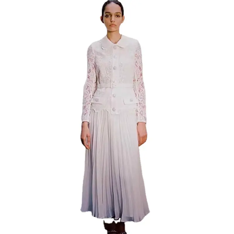 Autumn/Winter 2023 Designer Trendy Lace Stitching Fake-Two-Piece Pleated Dress Fairy White Long Skirt