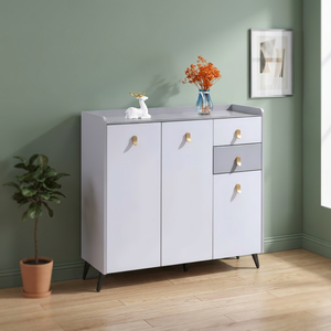 Moderno Mueble Zapatero Independiente de Madera Gris Duradero con Diseño Geométrico para Sala de Estar, Hotel y Centro Comercial - Product Image 2