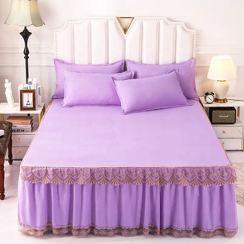 Wholesale custom cheap solid color queen king size korean version home non-slip lace ruffle bedspread three piece set bed skirt