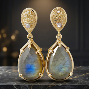 Boucles d'oreilles pendantes bohèmes chrétiennes en argent sterling 925 plaqué or 18 carats avec pierre de labradorite, cadeau pour femme, vente chaude - Product Image 3