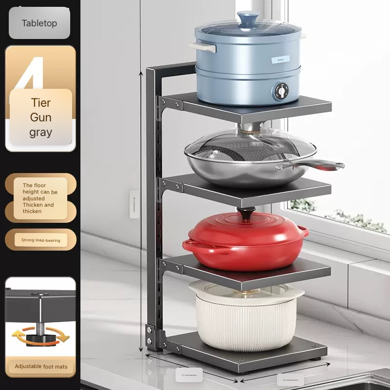Gray-Single-sided Four-Tier Pot Rack