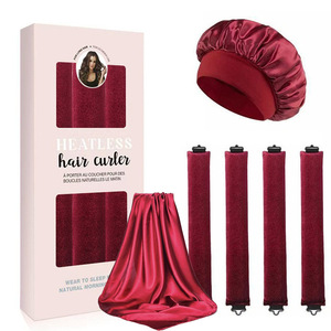 Ensemble de bigoudis en soie beige, bigoudis sans chaleur en satin, bandeau pour <span class=keywords><strong>cheveux</strong></span>, bonnet pour dormir - Product Image 5