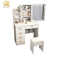 Coiffeuse moderne en bois avec miroir éclairé Panneau de bouleau durable Quincaillerie en fer Surface en verre pour hôtel Chambre Maquillage Vanité