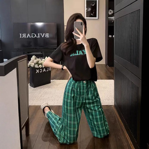 Stylish Women's Two Piece Set Loose Plaid Pants Short Sleeve Top Summer Casual Outfit Black Polyester Oxford Fabric - Product Image 3
