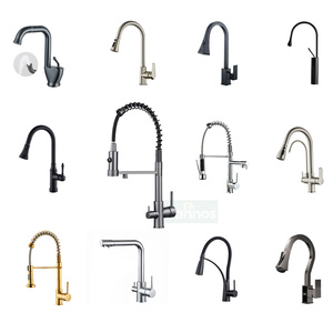 Robinet de cuisine en laiton massif avec poignée en céramique, finition or brossé, hautement incurvé, extractible, avec filtre à eau intégré. - Product Image 3