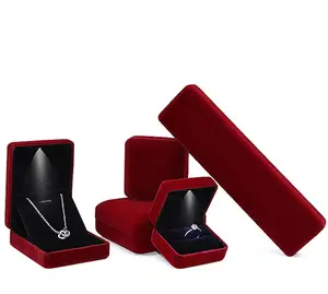 Asian jewelry Supplier Custom Red Best Flock Velvet Jewelry small Packaging Ring earing mini travel keepsake box With Led Light