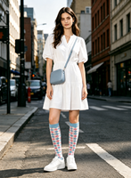 Chaussettes de compression mi-hautes à motif Argyle rose et bleu pour le pickleball, la course à pied, les sports, les voyages et le quotidien