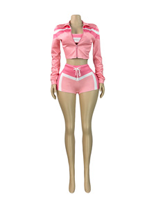 Conjunto Deportivo de Tres Piezas para Mujer, Top Estampado de Manga Larga con Cuello Cruzado y Pantalones Cortos por Encima de la Rodilla para Verano - Product Image 2