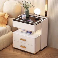 Table de chevet moderne de luxe légère, multifonctionnelle, en bois, avec éclairage LED, plateau en verre trempé, sans fil