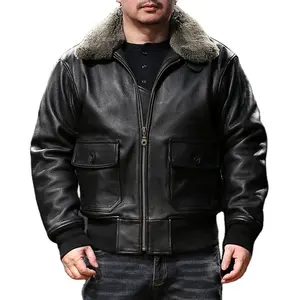 Customized factory winter men's Coats real sheep fur collar genuine leather egitimate Goatskin black bomber jacket clothing