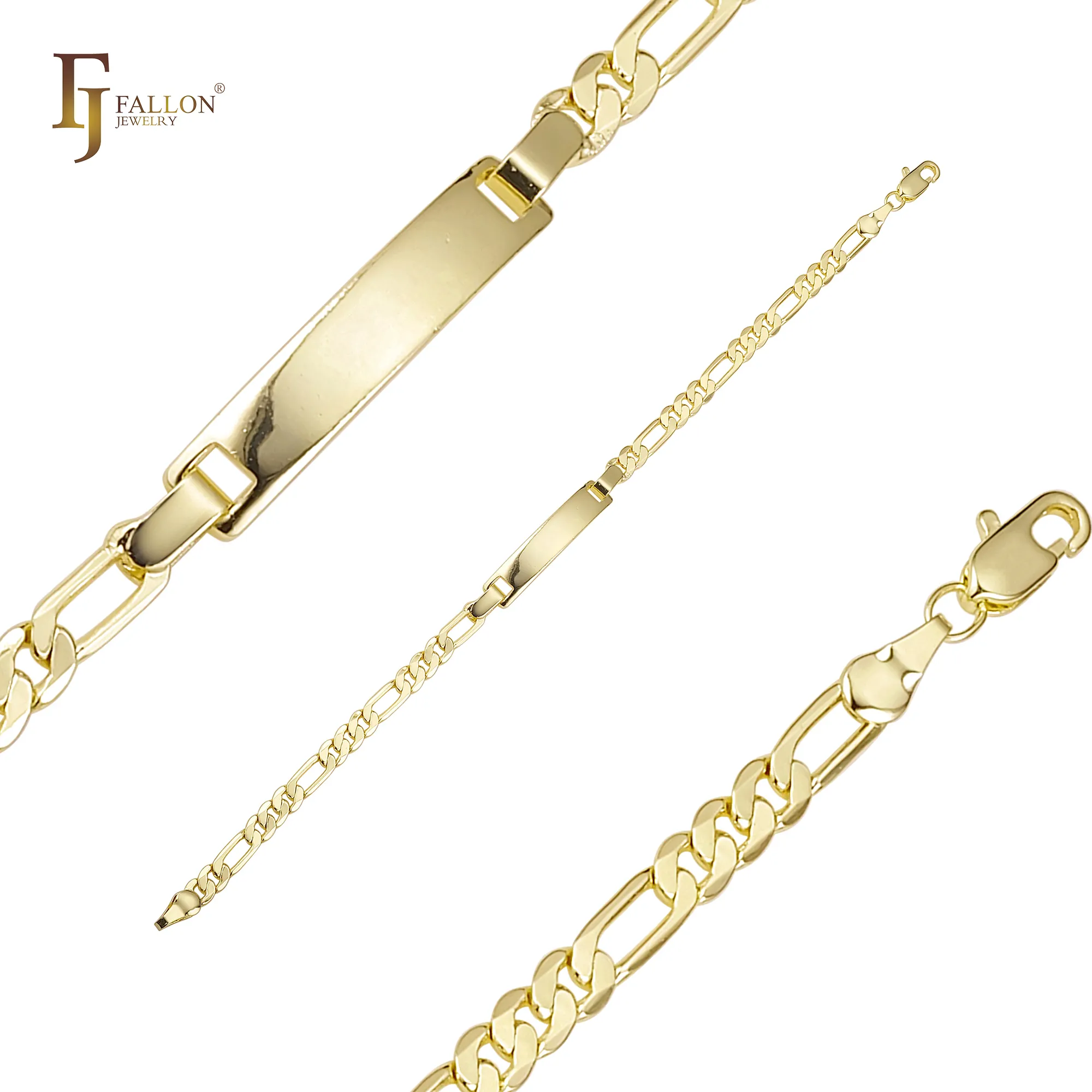 55100139 FJ Fallon Fashion Jewelry Figaro link engraveable Men's ID bracelets in box clasp 14K Gold plated brass based