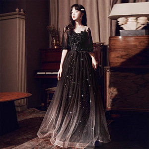 Evening Gown For Women Gradient Black Tulle Sweetheart Neckline Empire Waist Vintage Style Banquet Dress - Product Image 3