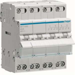 SFT440 Personalizzabile con interruttore di commutazione Hagers 1-0-2 4 poli 4 NO + 4 NC 40 A 4 moduli DIN a collegamento superiore - Product Image 1