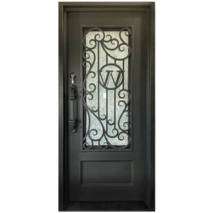 Prix usine portes d'entrée principales en métal de luxe extérieur simple porte d'entrée avant en <span class=keywords><strong>fer</strong></span> <span class=keywords><strong>forgé</strong></span> avec fenêtre d'ouverture en verre - Product Image 2