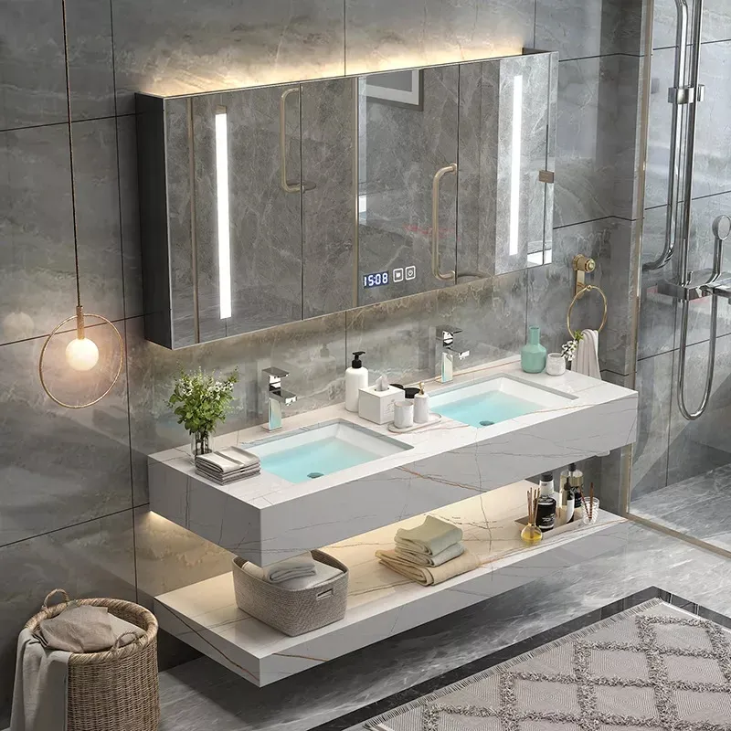 Lavabo de pared doble para baño, lavabo flotante moderno italiano con piedra sinterizada, mármol blanco
