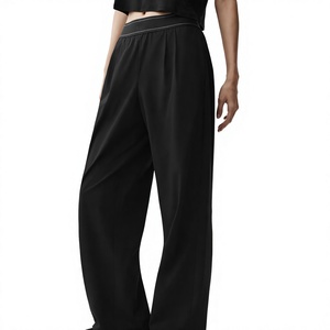 Pantalon large en satin noir pour femme, taille haute, coupe ample, longueur intégrale, style minimaliste, pour l'automne - Product Image 1