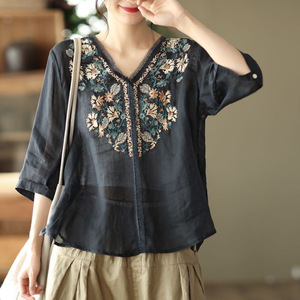 Women's Cotton <b>Linen</b> Embroidered <b>Top</b> V-Neck Ethnic Style Summer Blouse Breathable Lightweight Casual Wear - Product Image 2