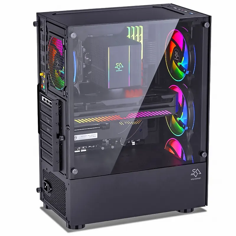 SNOWMAN Pc Case Mid Tower ATX Gaming Computer Case With High Air Flow Perforated Tempered Glass Front/Side Panel Gamer Case