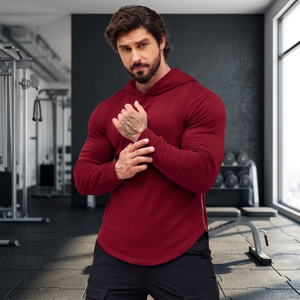 Sweat-shirt à capuche pour homme, coupe ajustée, couleur bordeaux uni, manches longues, fermeture éclair latérale, décontracté - Product Image 2