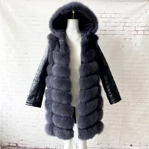 중국 공장 좋은 품질 긴 가죽 소매 의류 코트 여성 겨울 자켓 여자 여우 모피 코트 후드