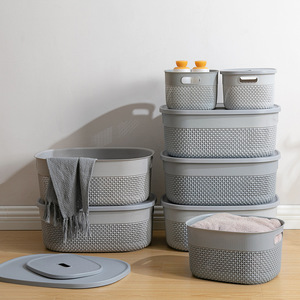 Plastic Storage <b>Basket</b> Oval With Lid Desktop Organizer For Cosmetics Laundry Fruit Pen Holder <b>Stackable</b> Design - Product Image 2