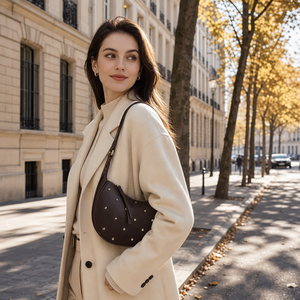 Brown Fashion Studded Single Strap Hobo Shoulder <b>Bag</b> Half Moon Satchel PU Zipper <b>Underarm</b> for Daily Travel Shopping - Product Image 6