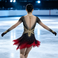 Robe de patinage artistique à manches longues en maille, dégradé noir et rouge, col en V, dos profondement ouvert, ornée de strass dorés, pour performance