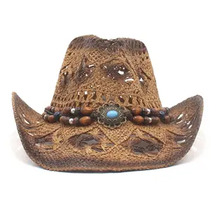 Beach Bohemian Ethnic Aztec Style Western Woven Beads Brim Cowboy Hat Straw Hats