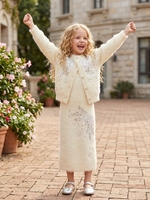 Ensemble 2 pièces en laine d'agneau tricotée de haute qualité, fait main, avec robe sans manches à appliques 3D + manteau cardigan en laine douce, idéal pour les fêtes et le jardin