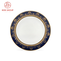 Ensemble de vaisselle marocaine de luxe en porcelaine fine, motif bleu à bord doré, pour mariage et restaurant, assiettes de dîner royales, vente en gros