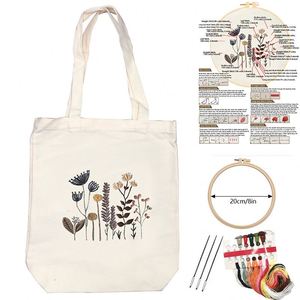 Kit de bordado de bolsa de lona DIY para principiantes, diseño de patrón de flores hecho a mano, costura de punto de cruz, forma cuadrada - Product Image 3