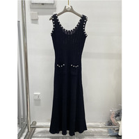 Robe longue en tricot sans manches pour femme avec perles et poches - Robe longue décontractée élégante à volants en tricot torsadé pour l'été