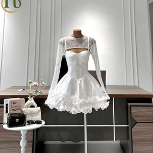 Ensemble 2 pièces : Robe mini sans bretelles à volants et cardigan en dentelle, respirant, à manches longues, coupe courte, fabriqué au Vietnam, style élégant pour soirée, col montant - Product Image 1