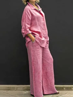 Ensemble Décontracté Femme 2 Pièces : Chemise à Manches Longues Boutonnée + Pantalon Long en Coton, Tenue de Ville Tendance et Passe-Partout