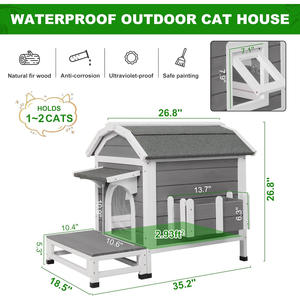 Refugio moderno de madera para gatos al aire libre con techo resistente a la intemperie Puertas de escape Pisos extraíbles Balcón grande-Casa para gatos al aire libre Gatos Perros - Product Image 6